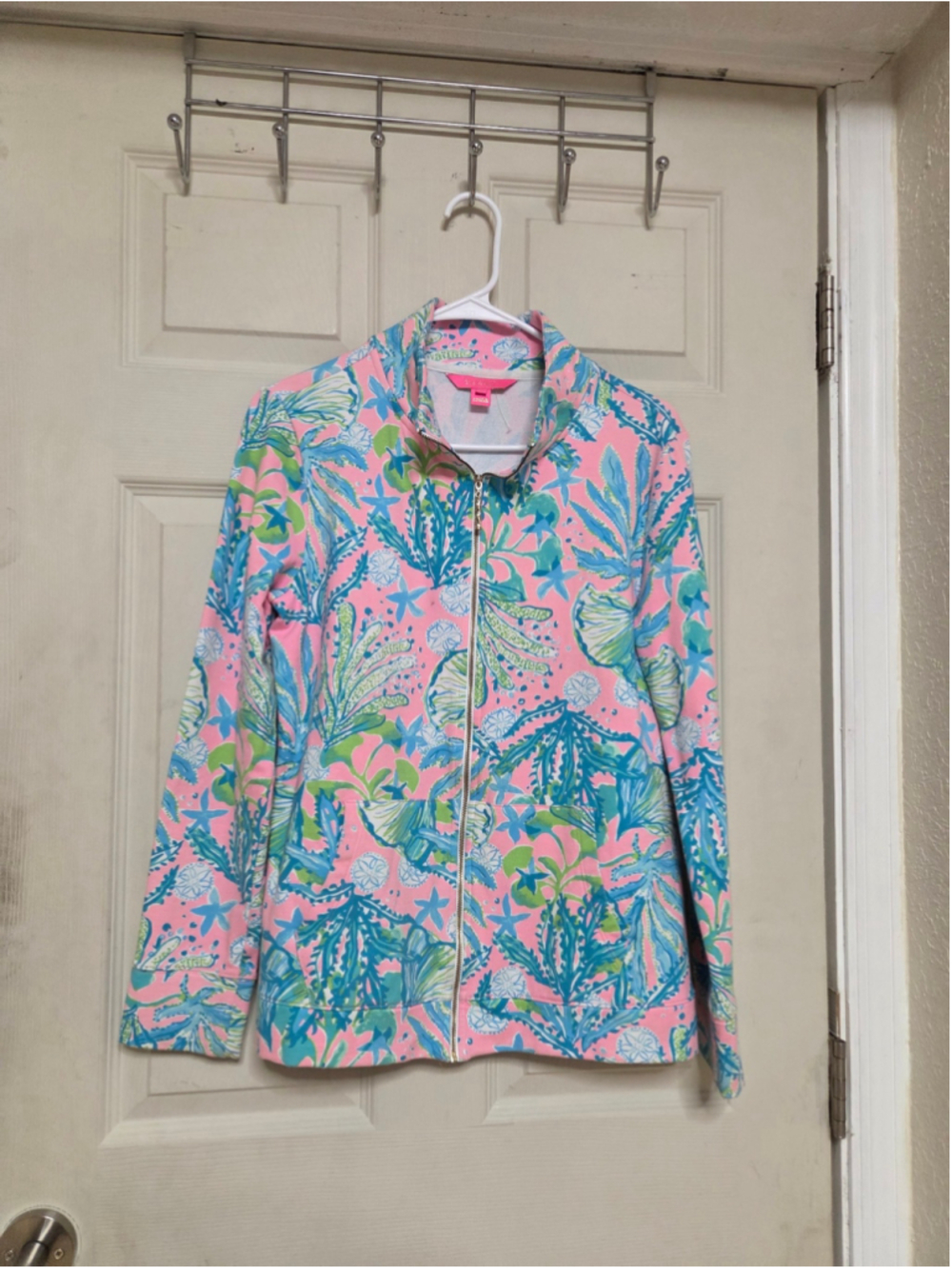 Women's Lilly Pulitzer Zip-Up Sweatshirt Size M Pink Blue Floral